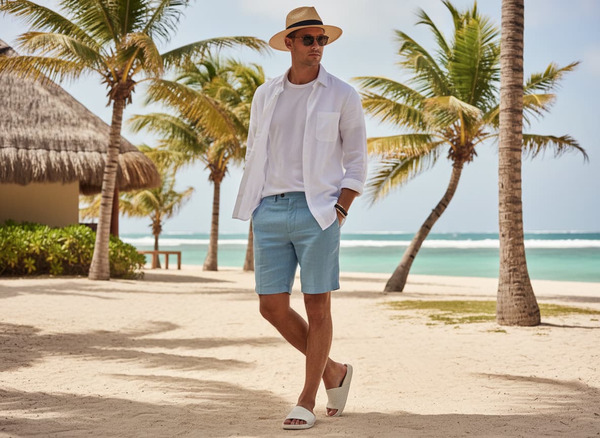 AI model wearing sandals in beach setting showing summer lifestyle and vacation vibes