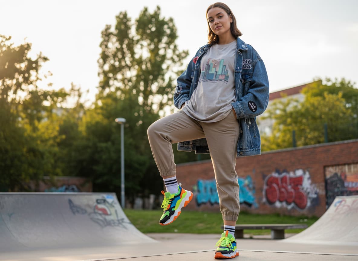 AI model wearing sneakers with complete streetwear outfit showing lifestyle styling