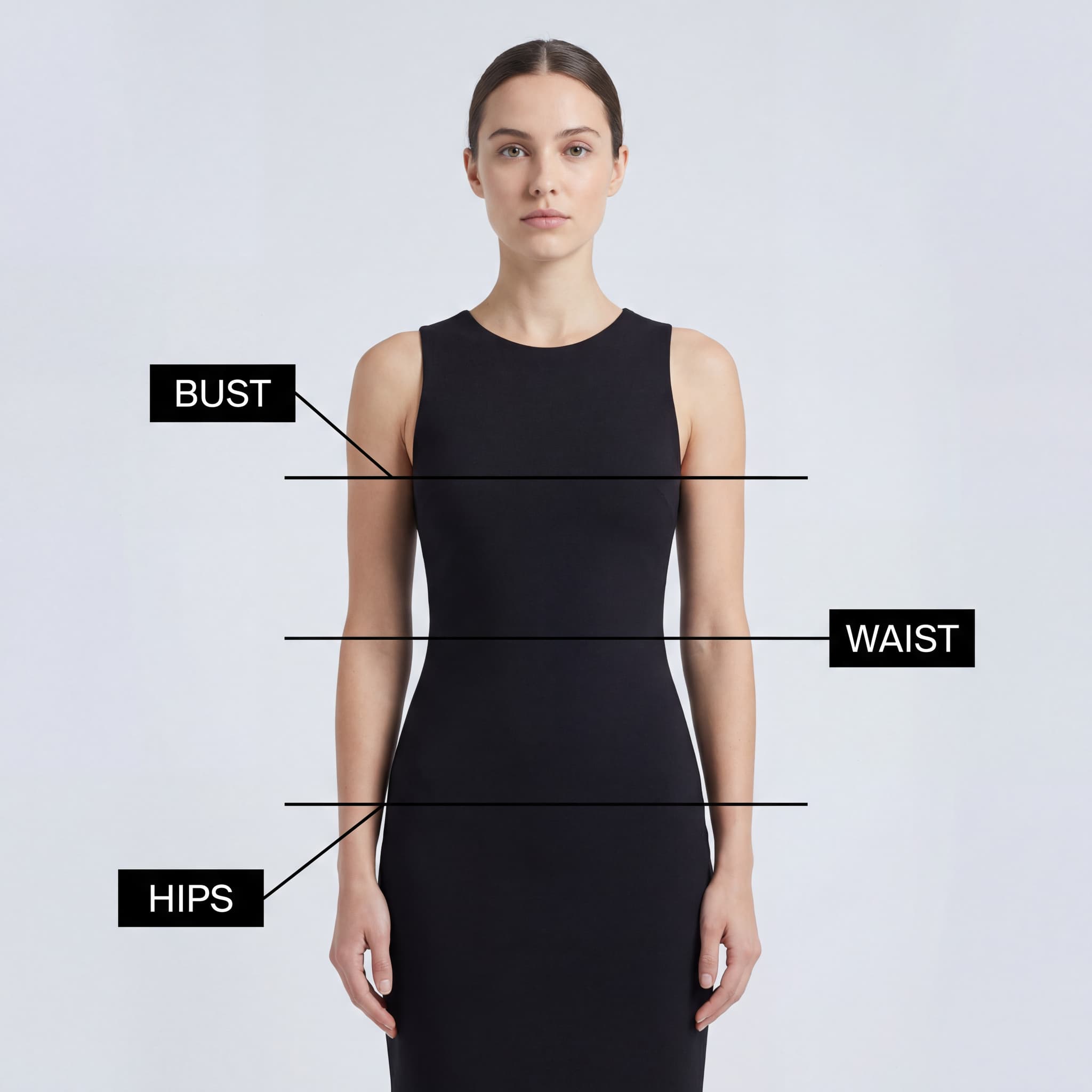 How to measure for a dress size — bust, waist, and hips measurement points labeled on a woman wearing a fitted black dress