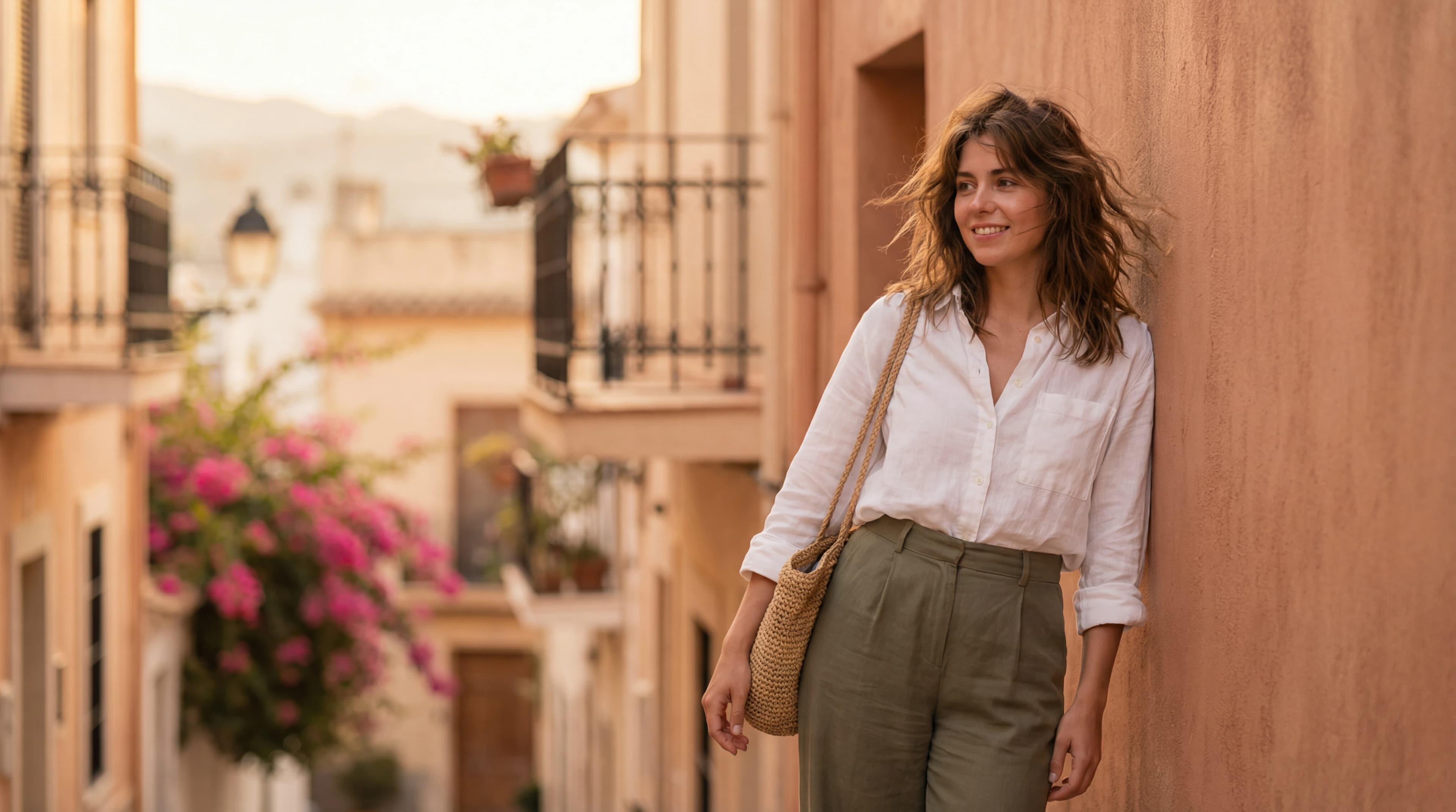 Women's clothing flat lay with silk blouse, blazer, skirt, and rose-gold measuring tape for international size conversion