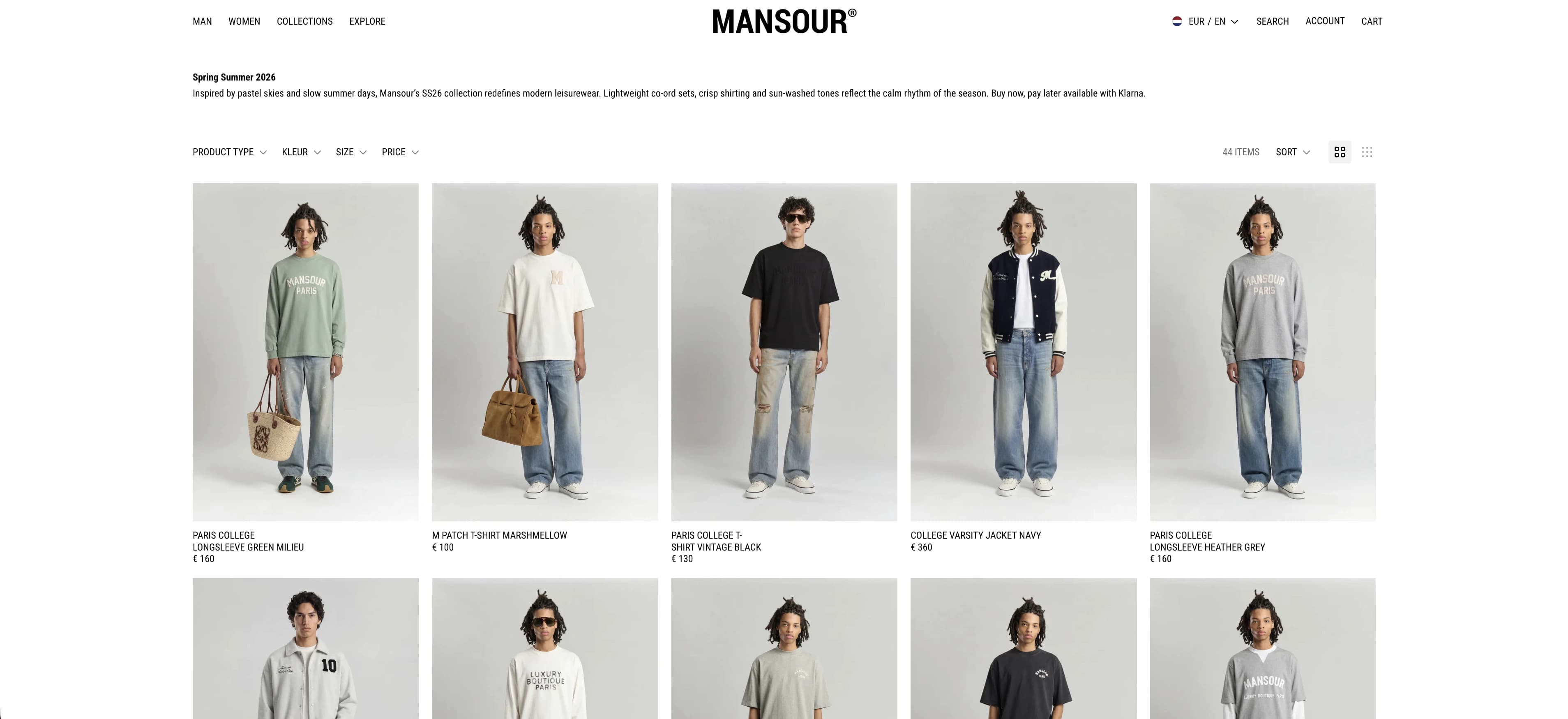 Mansour official website showing product pages with AI-generated model photography by WearView