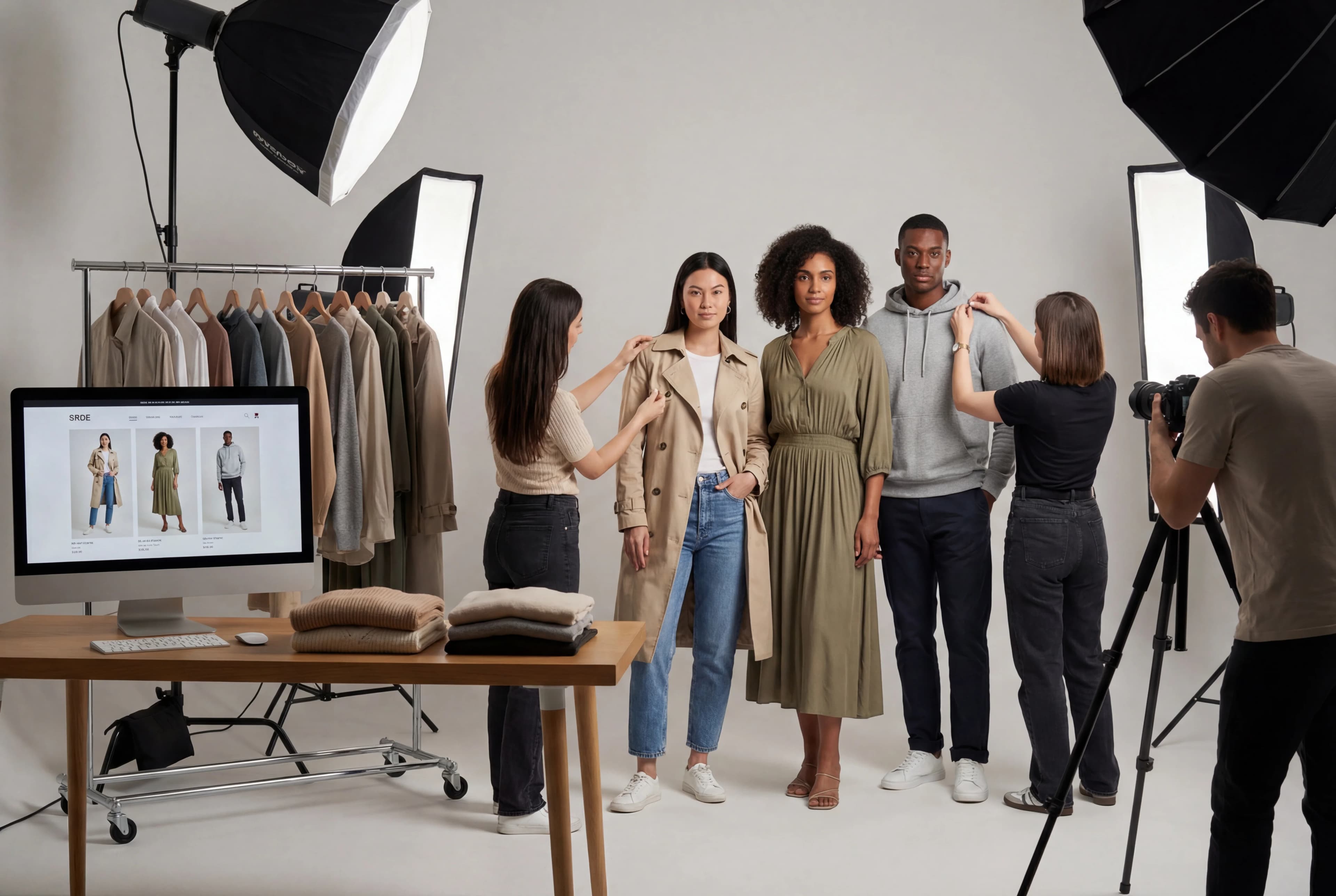 Fashion studio photo shoot with models and product displays