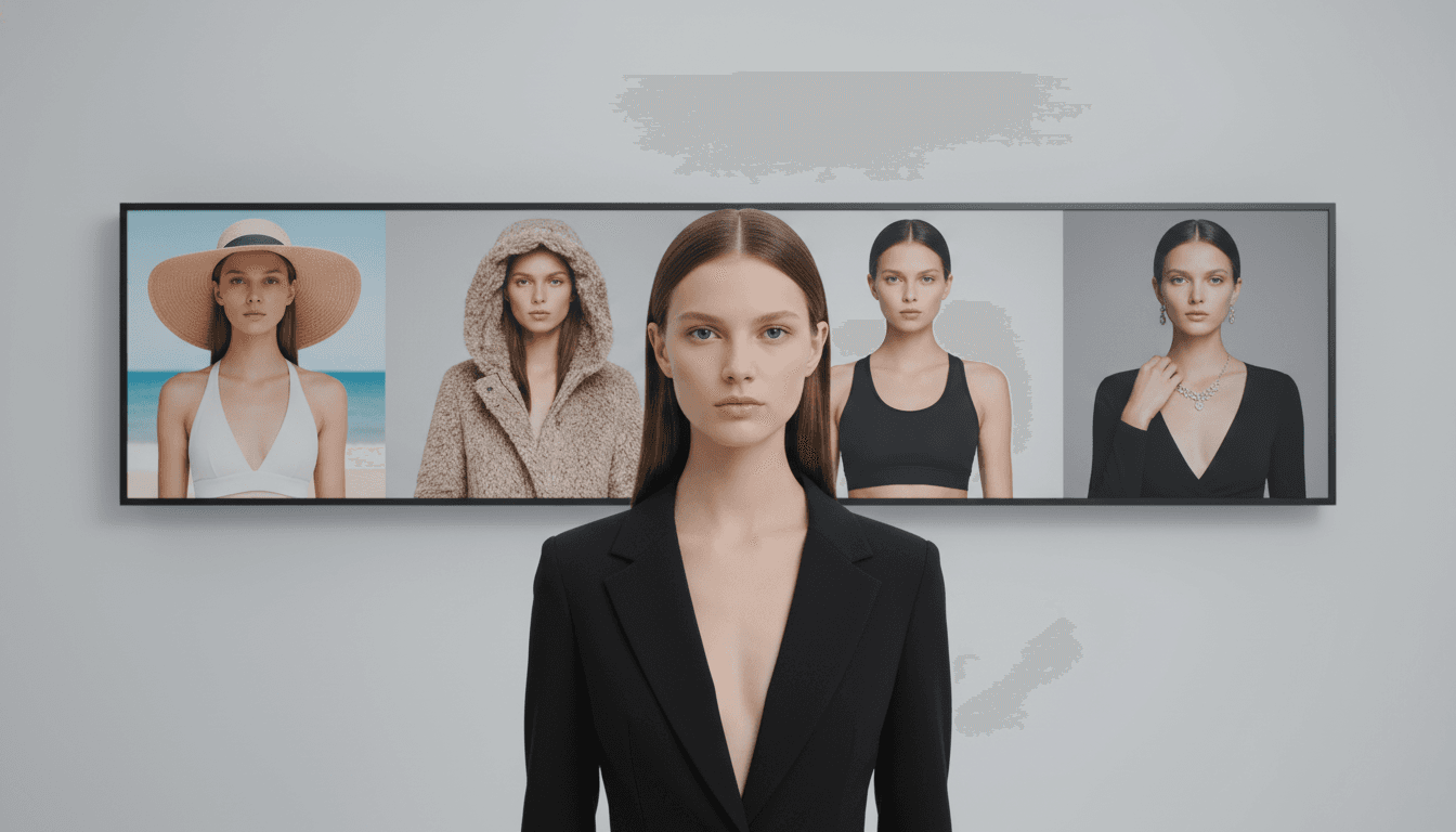 Consistent AI fashion model displayed in multiple e-commerce style outfits showing same person with different clothing and poses for brand continuity