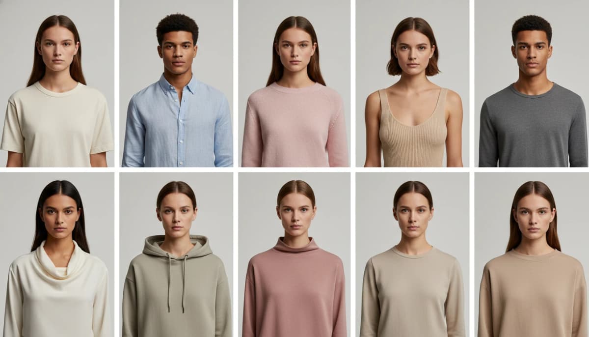 Grid of 12 diverse AI-generated fashion model portraits showing varied ethnicities, genders, and skin tones for e-commerce representation