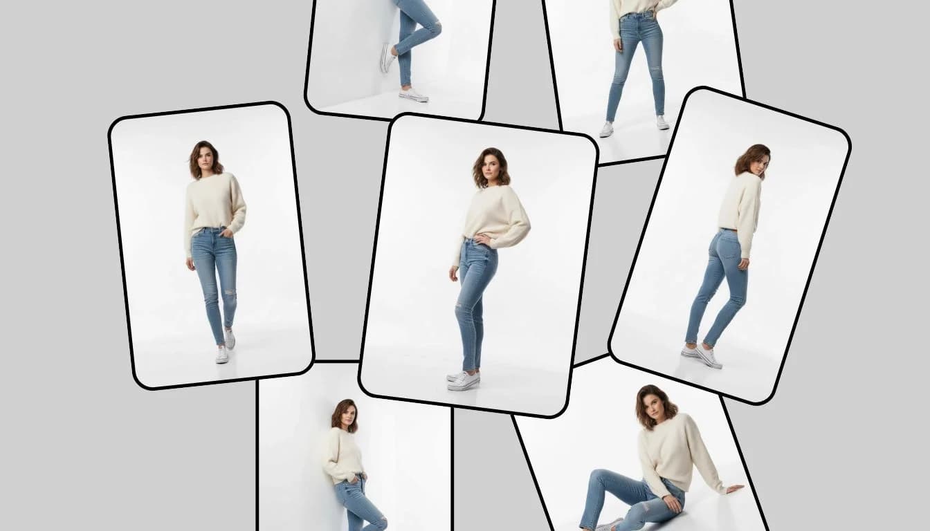 Multiple pose options showing standing, walking, and sitting variations for AI model generation