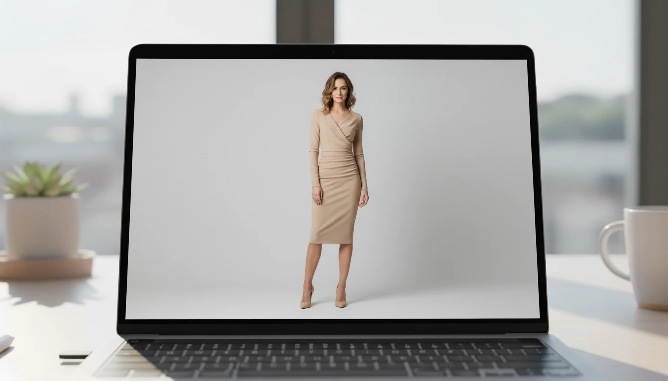 AI-generated fashion model in beige dress displayed on laptop screen showing final pose control result