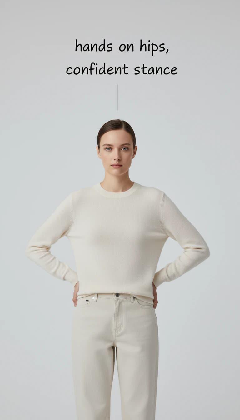 AI model demonstrating hands on hips confident stance pose with text description overlay for custom model creation