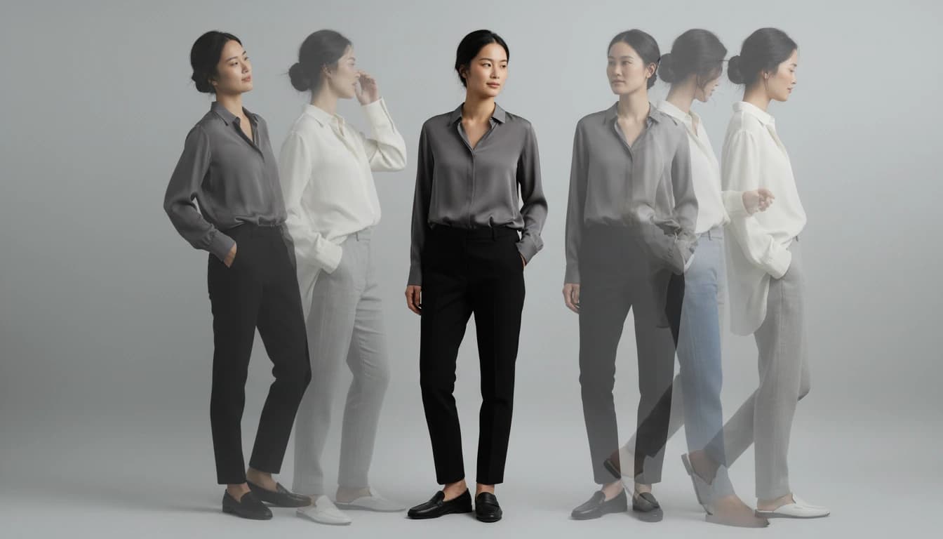 AI fashion model pose variations with ghost overlay effect showing multiple poses from single reference image