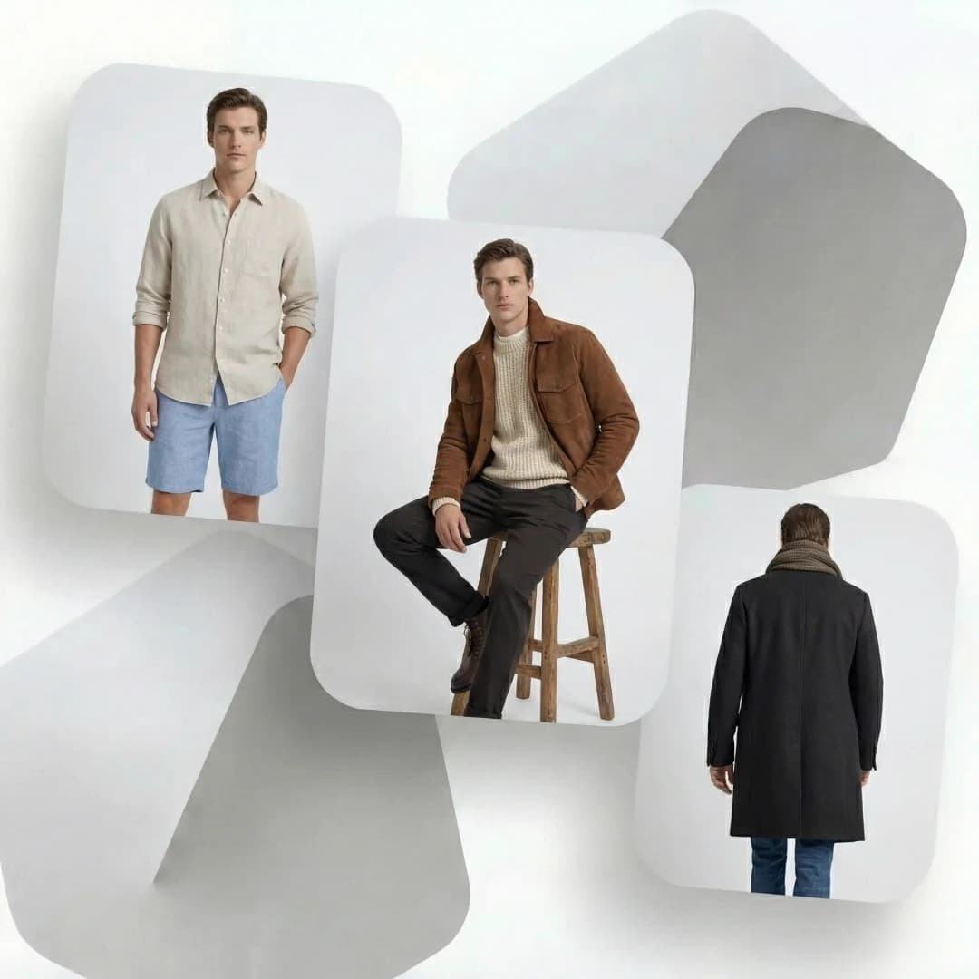 AI fashion model showcasing summer, fall, and winter seasonal outfits in themed campaign photography poses