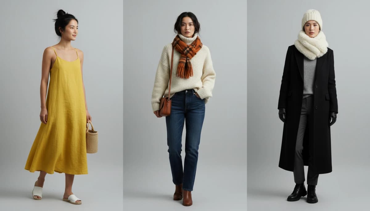 AI fashion model showcasing summer, fall, and winter seasonal outfits in themed campaign photography poses