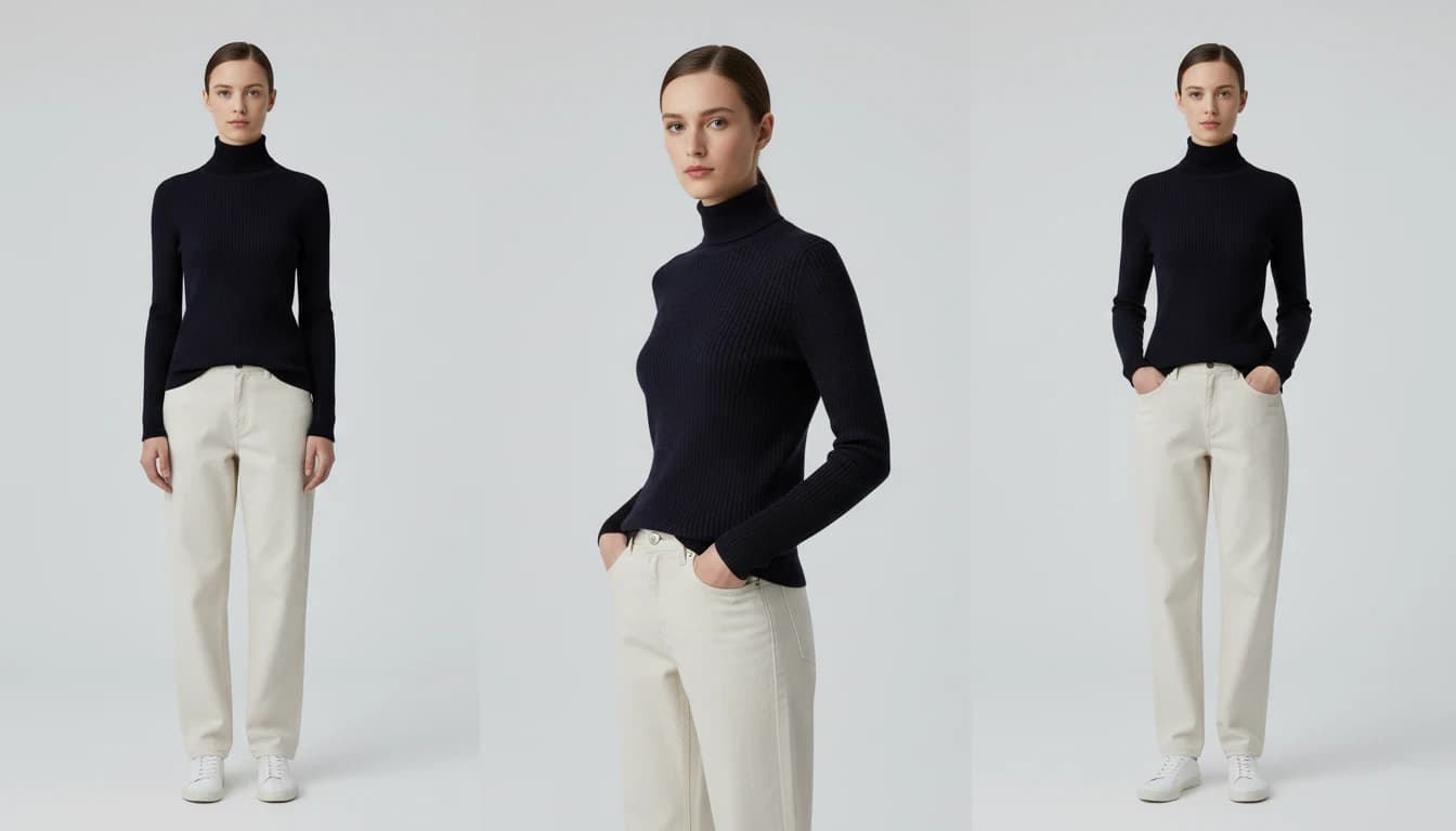 AI fashion model shown from front, side, and back angles to display garment details for e-commerce catalog