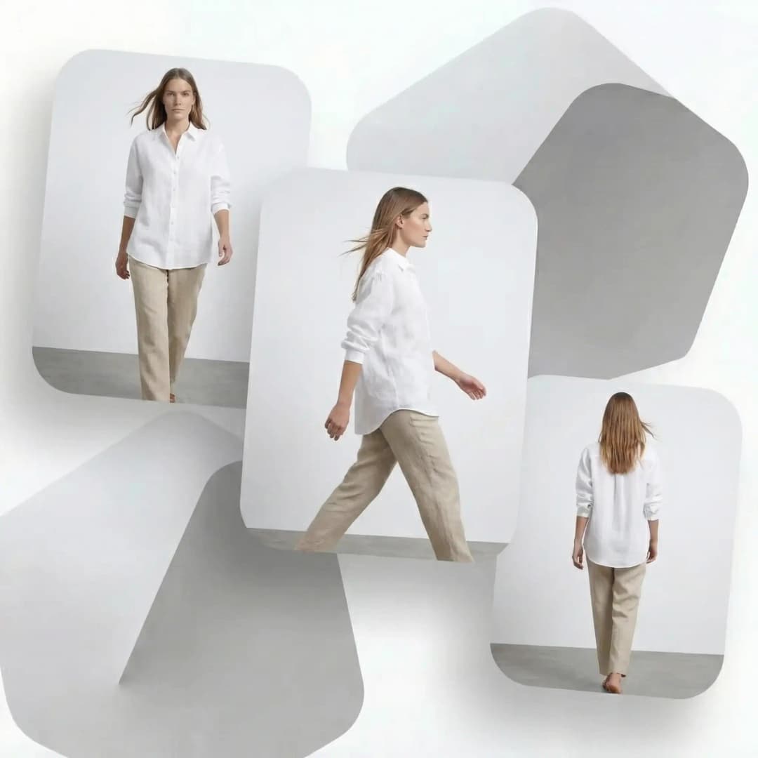 AI fashion model in walking pose wearing minimalist clothing for editorial lifestyle photography