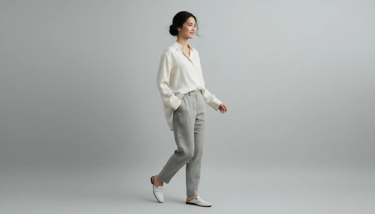 AI fashion model in walking pose wearing minimalist clothing for editorial lifestyle photography