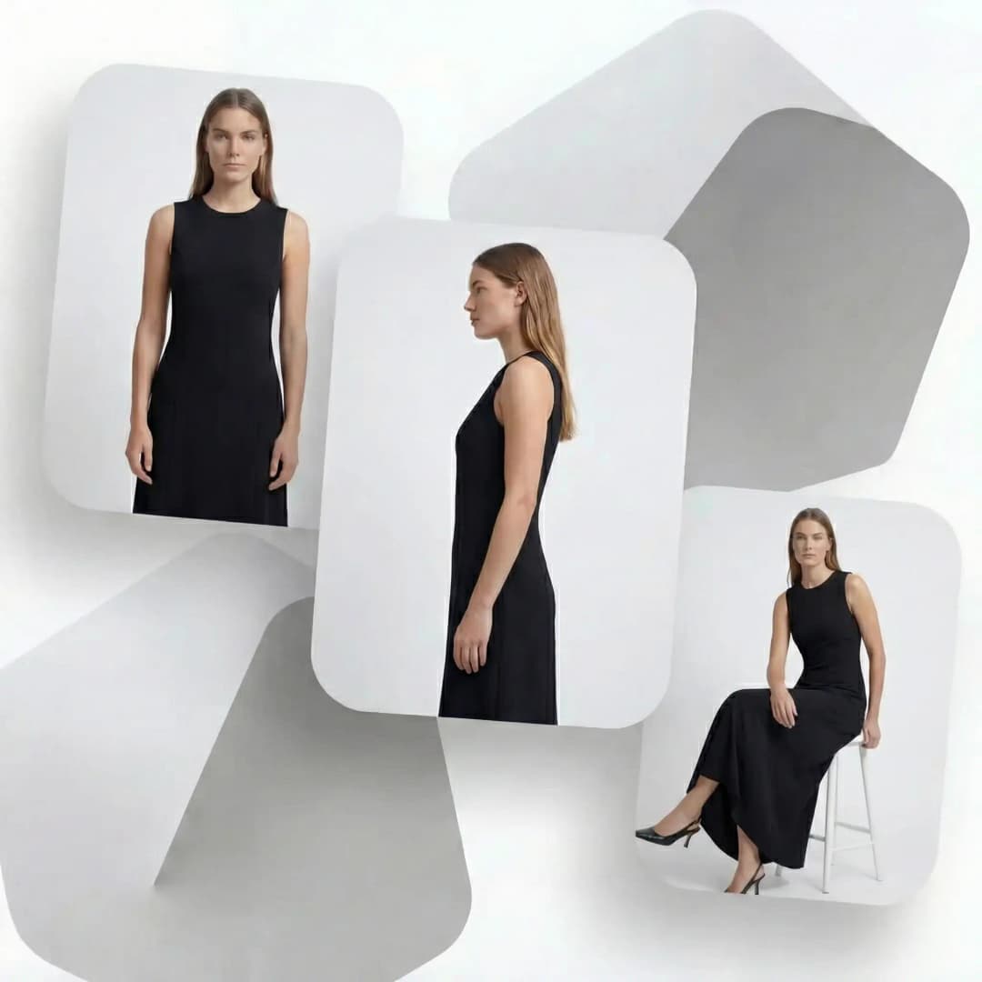 AI fashion model in front, side, and back views showing e-commerce catalog poses with consistent positioning