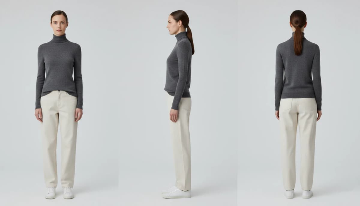 AI fashion model in front, side, and back views showing e-commerce catalog poses with consistent positioning