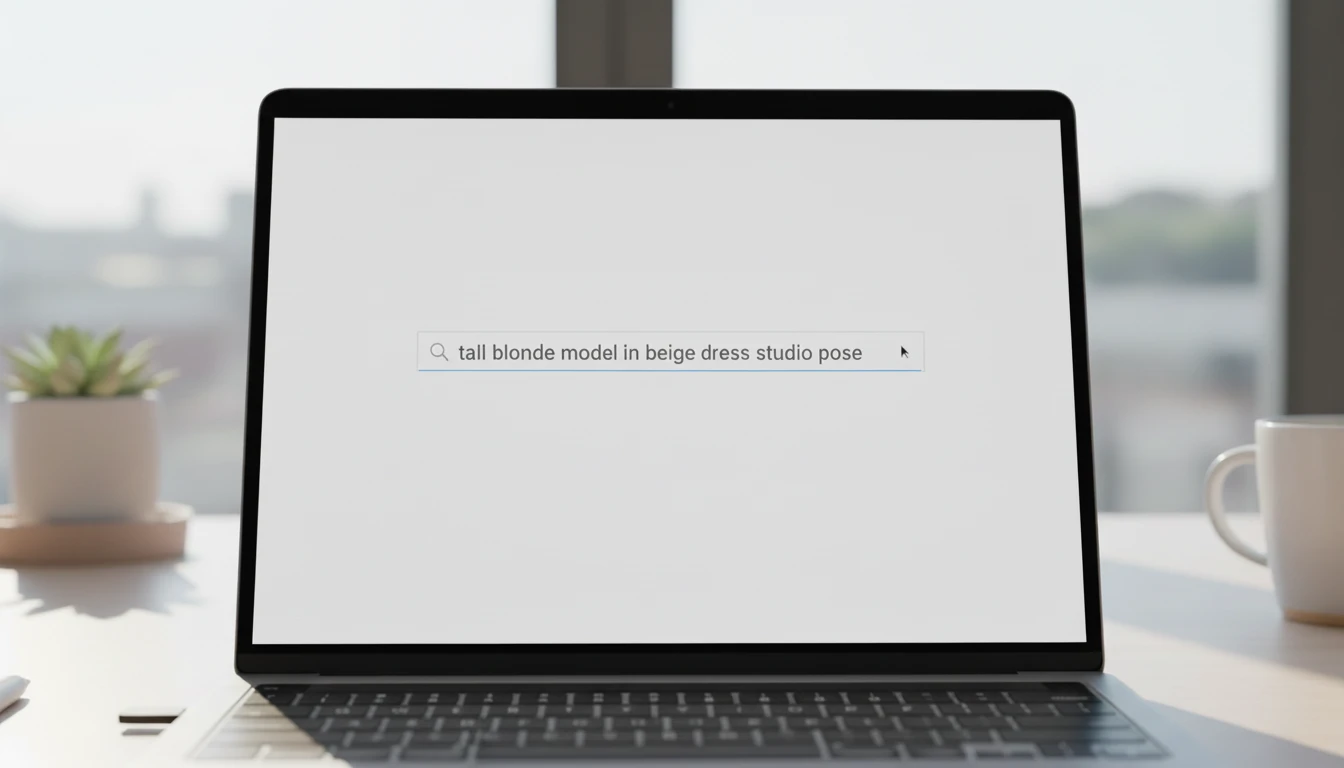 Laptop screen showing text prompt input interface for AI model creation with pose description