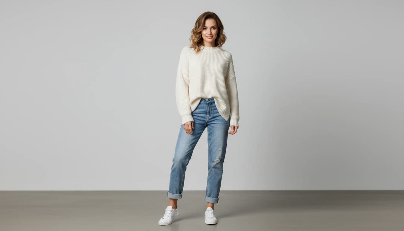 AI fashion model in casual outfit with cream sweater and jeans showing reference pose for upload