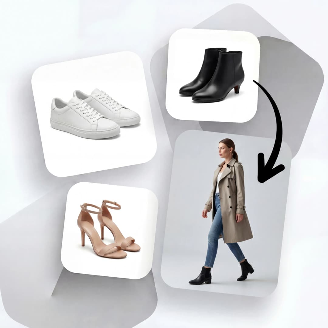 Trasformazione fotografica di calzature con sneakers bianche, stivaletti neri e tacchi nude convertiti in foto lifestyle con modella che cammina con stivali in outfit completo