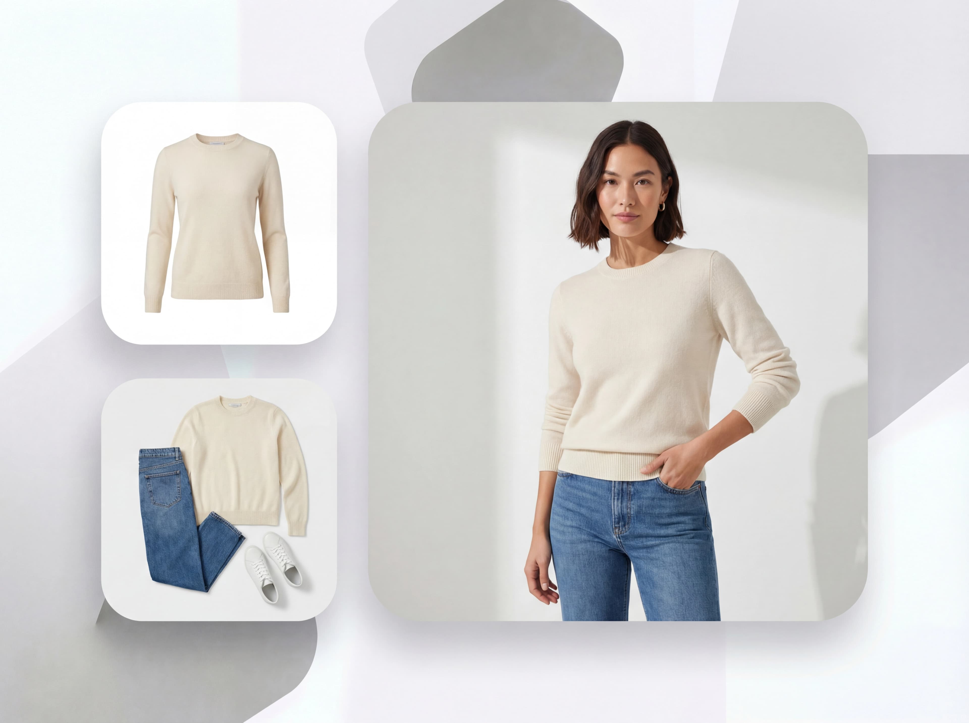 Modello AI che indossa un maglione blu e pantaloni oliva - fotografia di moda lifestyle pronta per l'e-commerce da trasformazione flat-lay