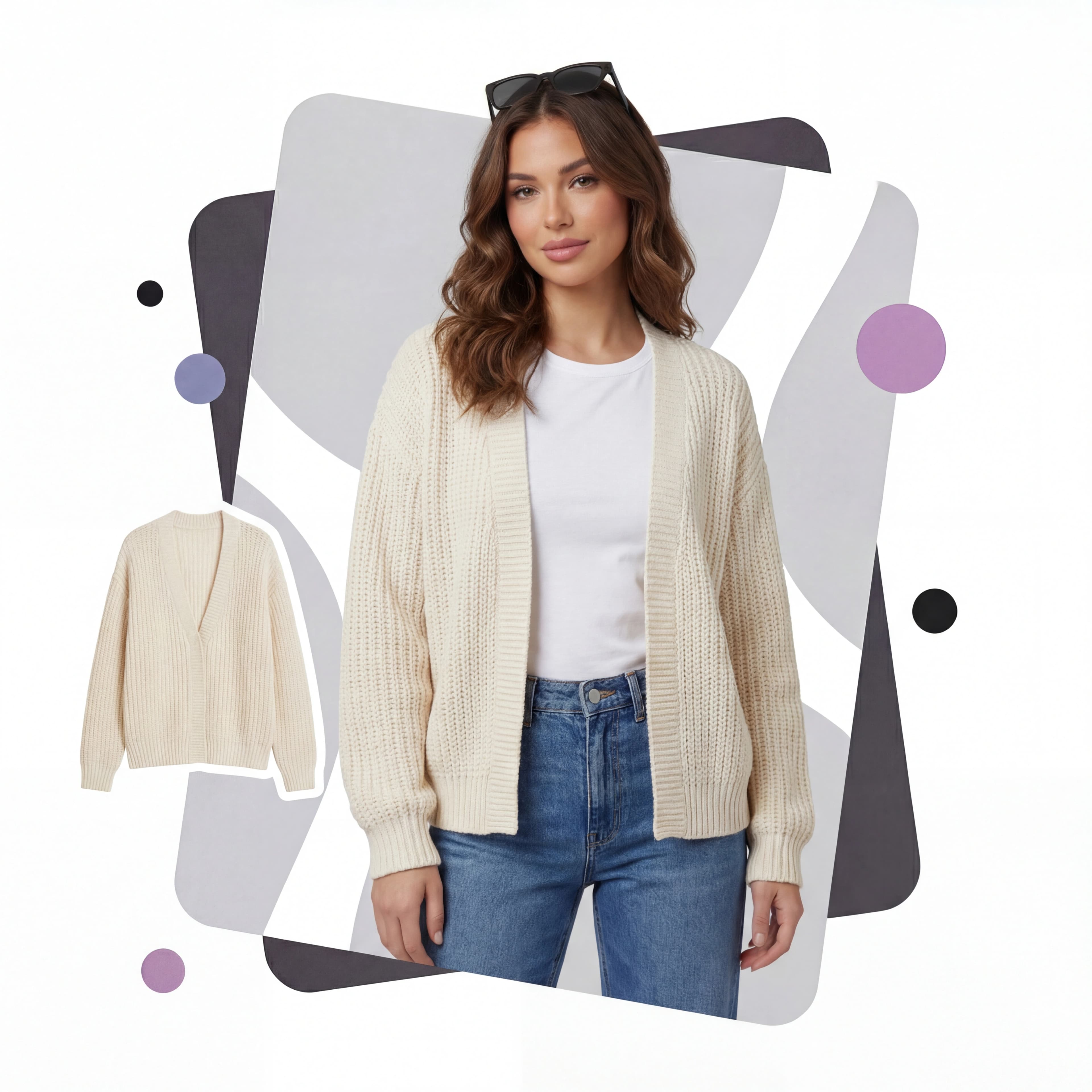 Trasformazione IA da prodotto a modello: foto flat lay di abbigliamento convertita in fotografia di moda professionale su modello