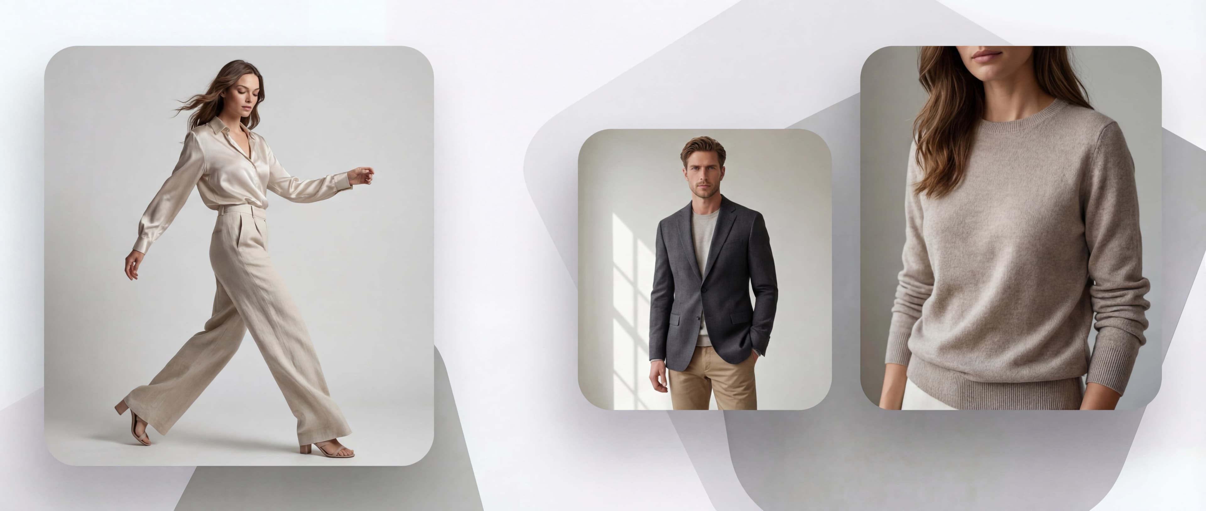 Modello di moda AI che indossa una camicetta crema e pantaloni color antracite, mostrando il drappeggio naturale del tessuto e il posizionamento realistico del capo