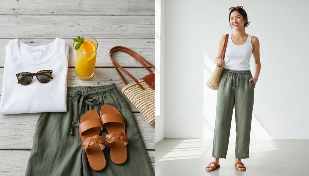Summer outfit flat-lay transformed into on-model lifestyle photo - white tee, olive pants, and accessories on AI model