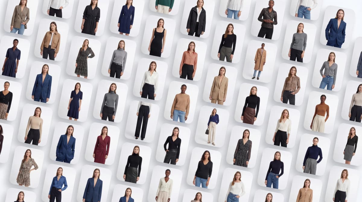 AI clothing try-on diverse models grid for e-commerce catalog showing multiple AI-generated fashion models in various outfits and styles