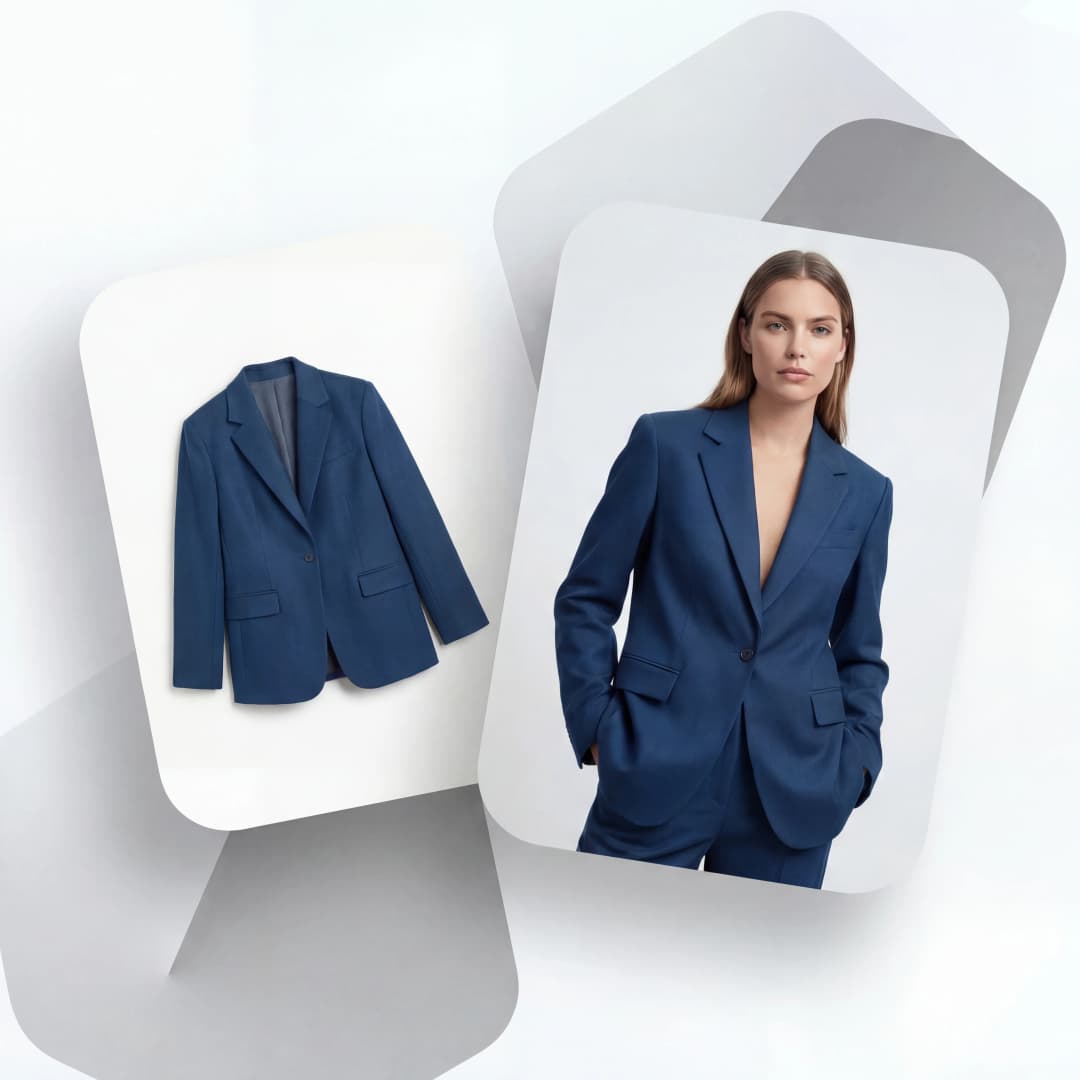 AI virtual try on clothes transformation showing flat-lay garment photo converted to professional model photography for e-commerce