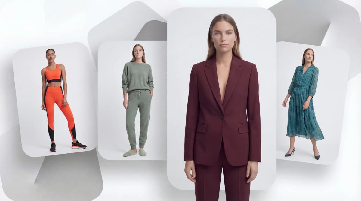 AI virtual try on clothes instant visualization showing four fashion models in diverse outfits including athletic wear, loungewear, business suit, and flowing dress for e-commerce