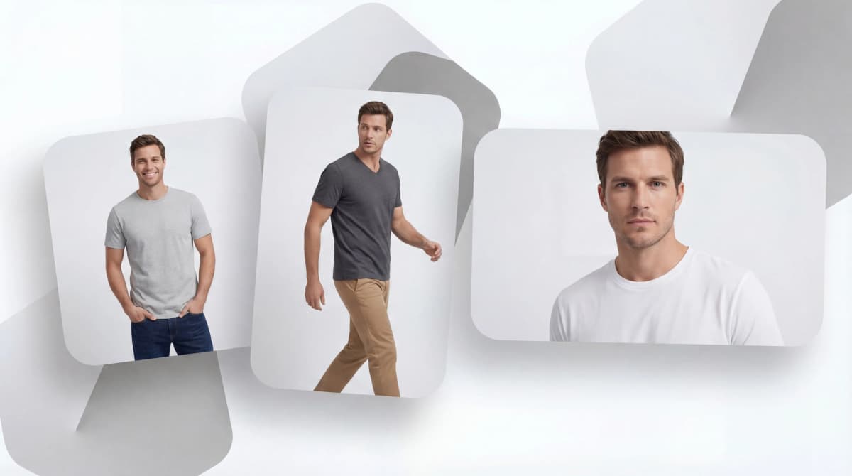 AI virtual try-on professional studio quality results showing male model in three different t-shirts with commercial-grade e-commerce photography
