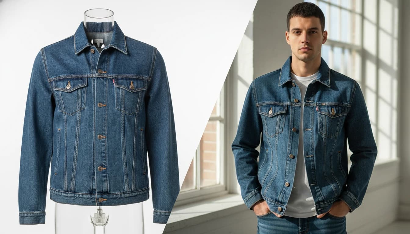 Before and after comparison: blue denim jacket on ghost mannequin transformed to AI model wearing jacket in studio setting