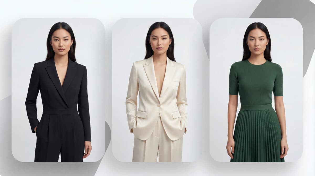 Virtual try-on consistent model feature showing same AI fashion model wearing three different outfits black suit cream blazer and green pleated skirt