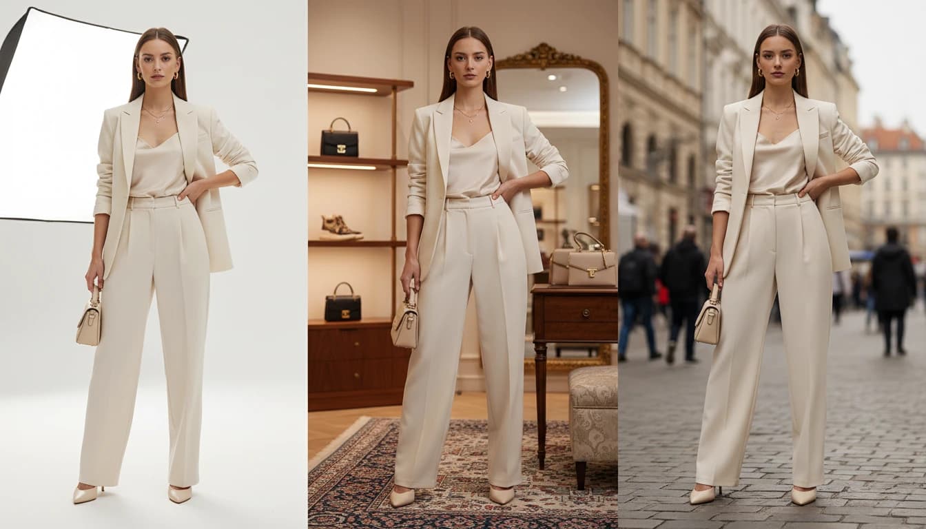 WearView AI fashion model in beige suit shown in three different background settings: modern studio, luxury retail, and urban street