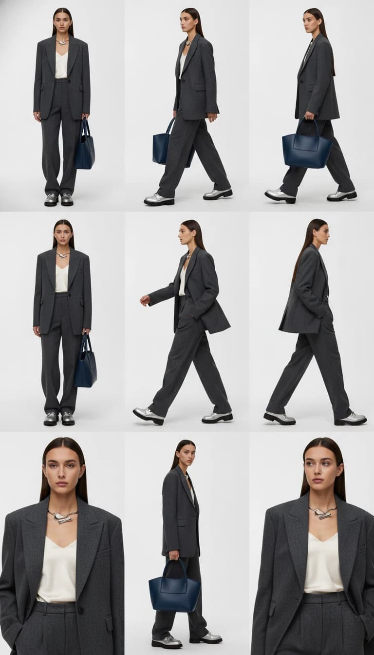 AI fashion model wearing women's gray suit shown in 9 different poses and angles for e-commerce product photography