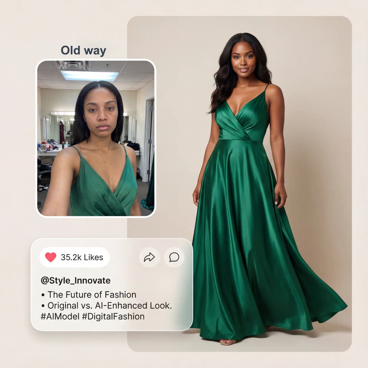 Old traditional photoshoot method compared to AI-enhanced fashion photography transformation