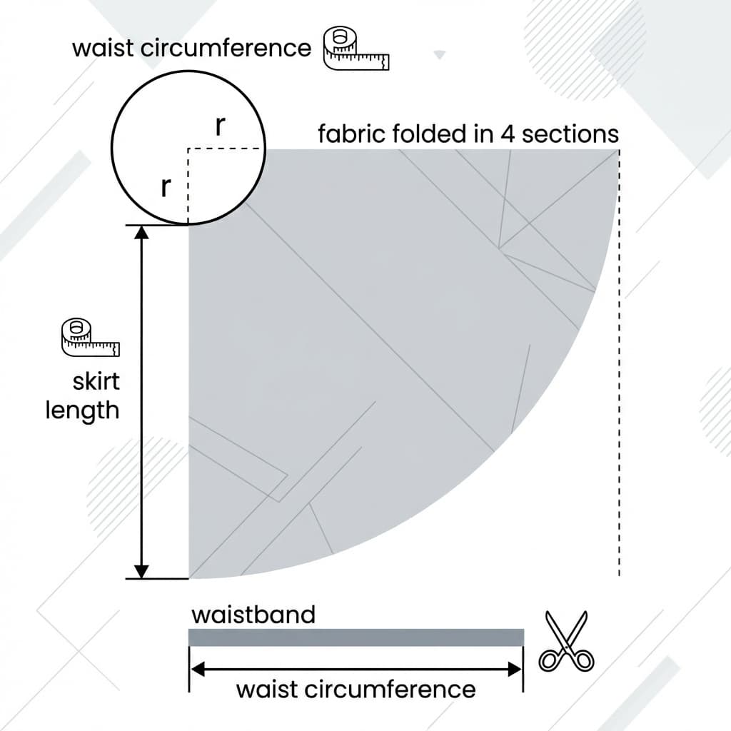Circle skirt pattern diagram showing waist circumference, radius, skirt length, waistband, and fabric folded in 4 sections