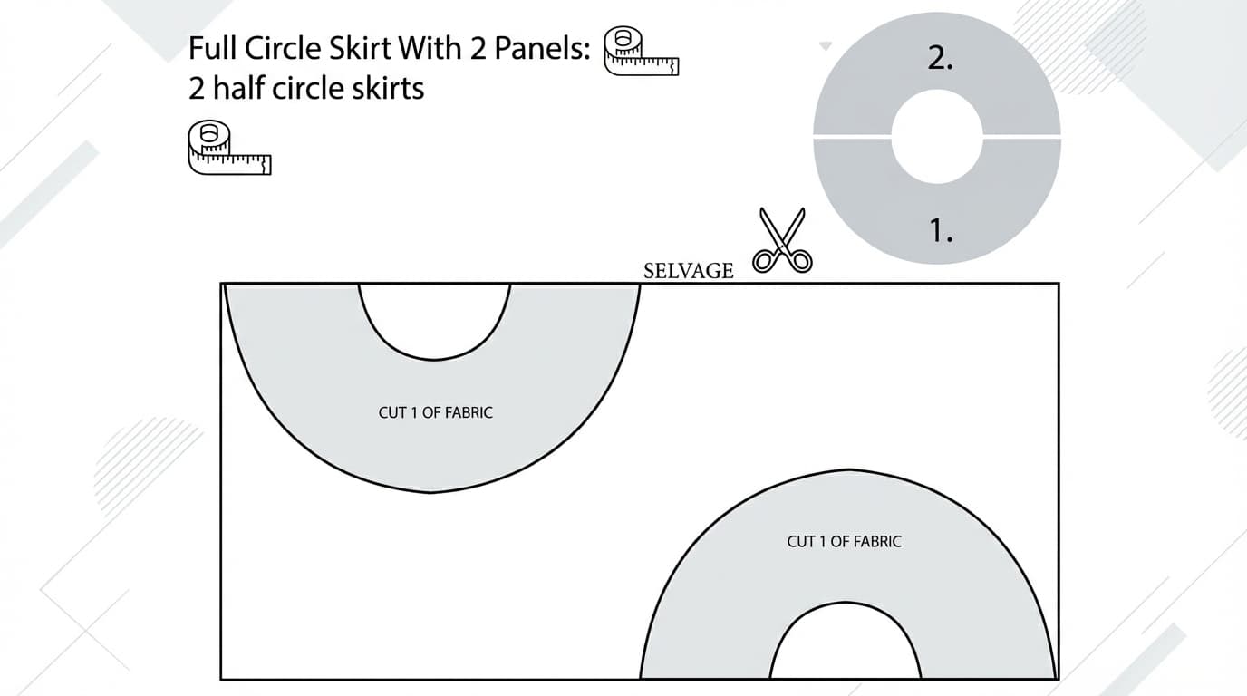 Full circle skirt 2 panel cutting layout showing two half-circle pieces on open fabric with selvage