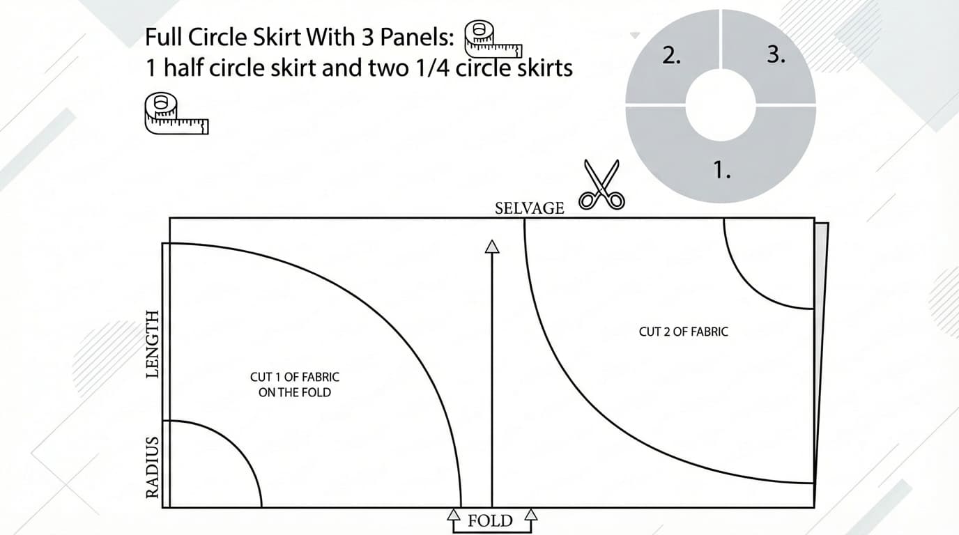 Full circle skirt 3 panel cutting layout showing half-circle on fold and two quarter-circle pieces