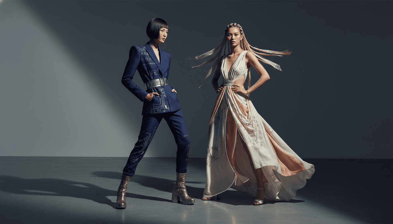 High-end AI fashion brand photography with models in designer contemporary clothing