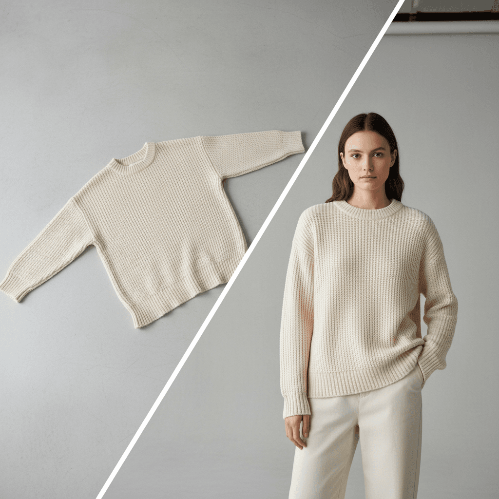 E-commerce product transformed into professional model photography with AI