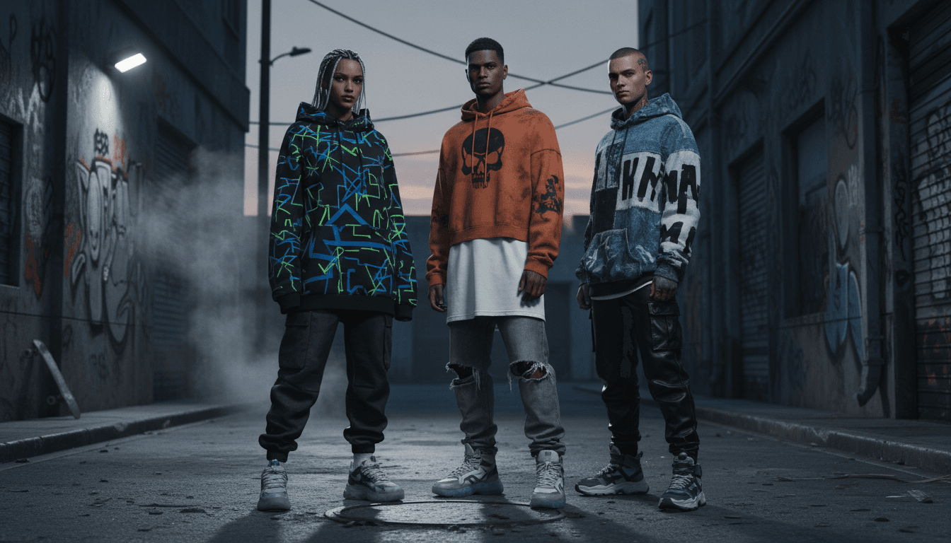 Urban streetwear AI photography with models in bold contemporary street fashion styles