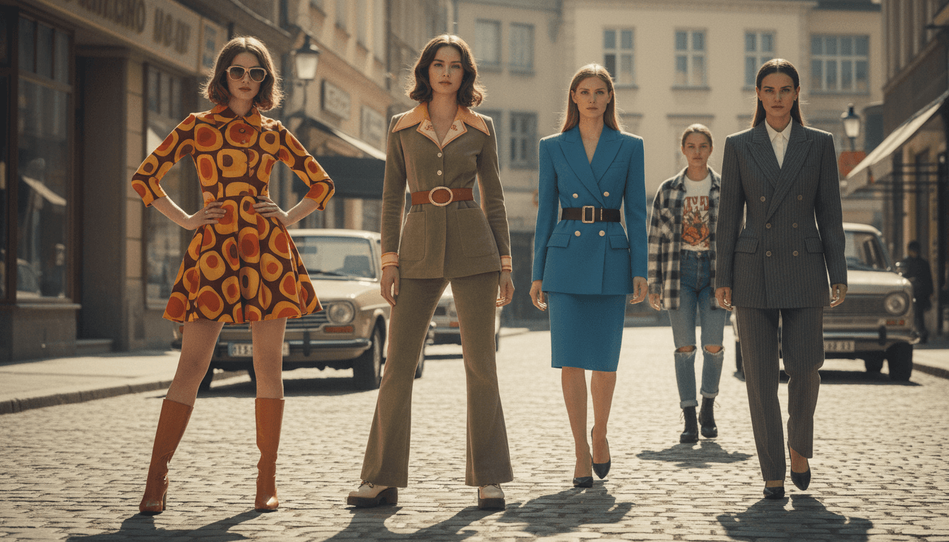 Vintage fashion AI photography with models in retro clothing from 60s to 90s