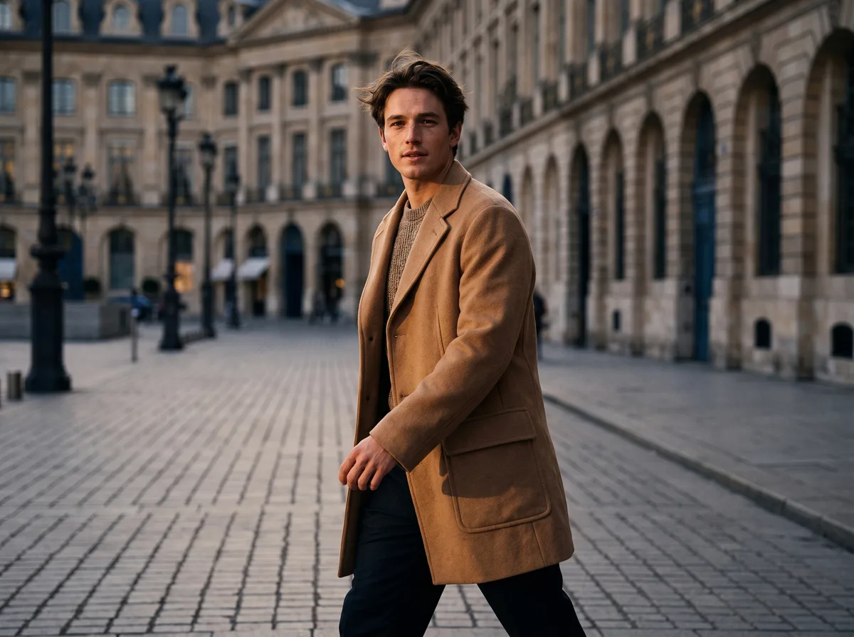 AI fashion photography: a street-style shot of a model in a camel coat