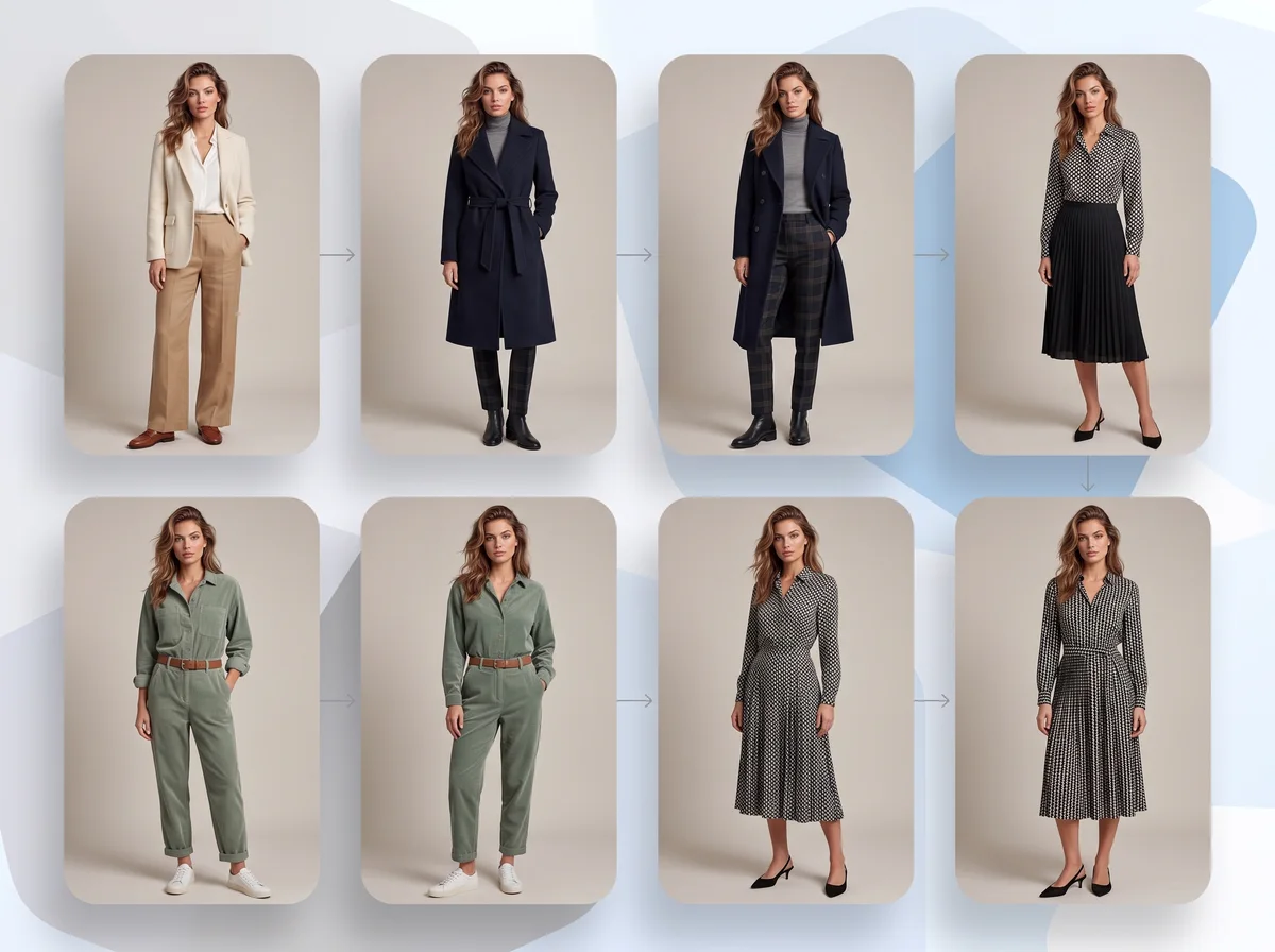 Una griglia di pagina categoria con foto di look che condividono modella e fondo