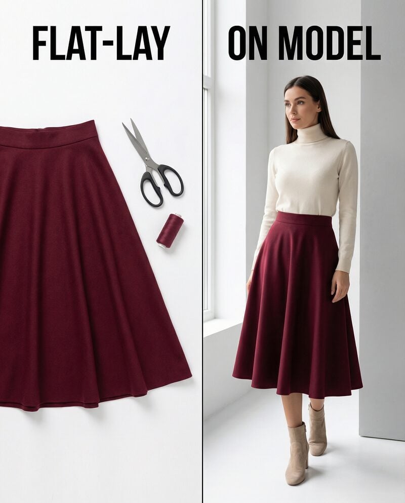 Circle skirt virtual try-on example: flat-lay burgundy half circle skirt pattern transformed to model wearing the same skirt using WearView AI