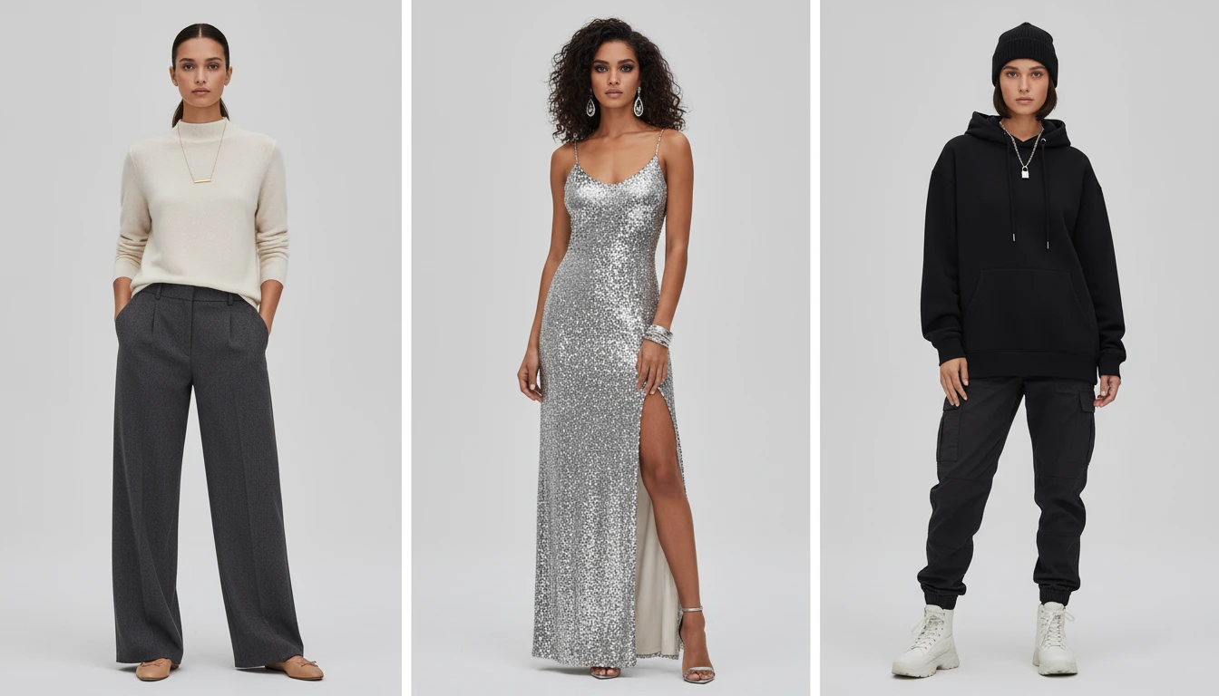 Three AI fashion models demonstrating flexible styling across different brand aesthetics - minimalist neutral tones, glamorous evening wear, and urban streetwear