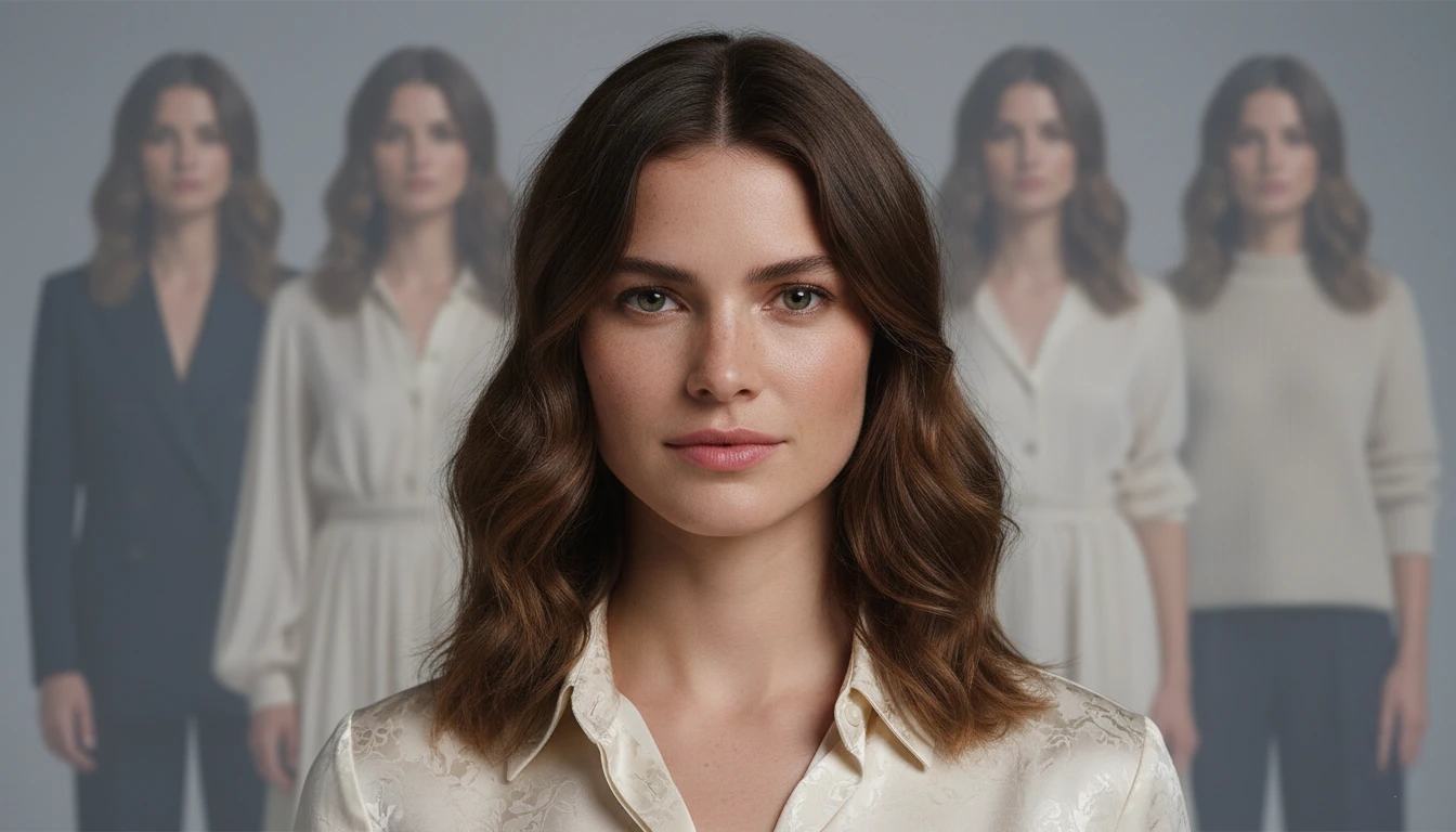 AI-generated fashion model portrait demonstrating consistent brand identity with same person shown in multiple variations for brand recognition