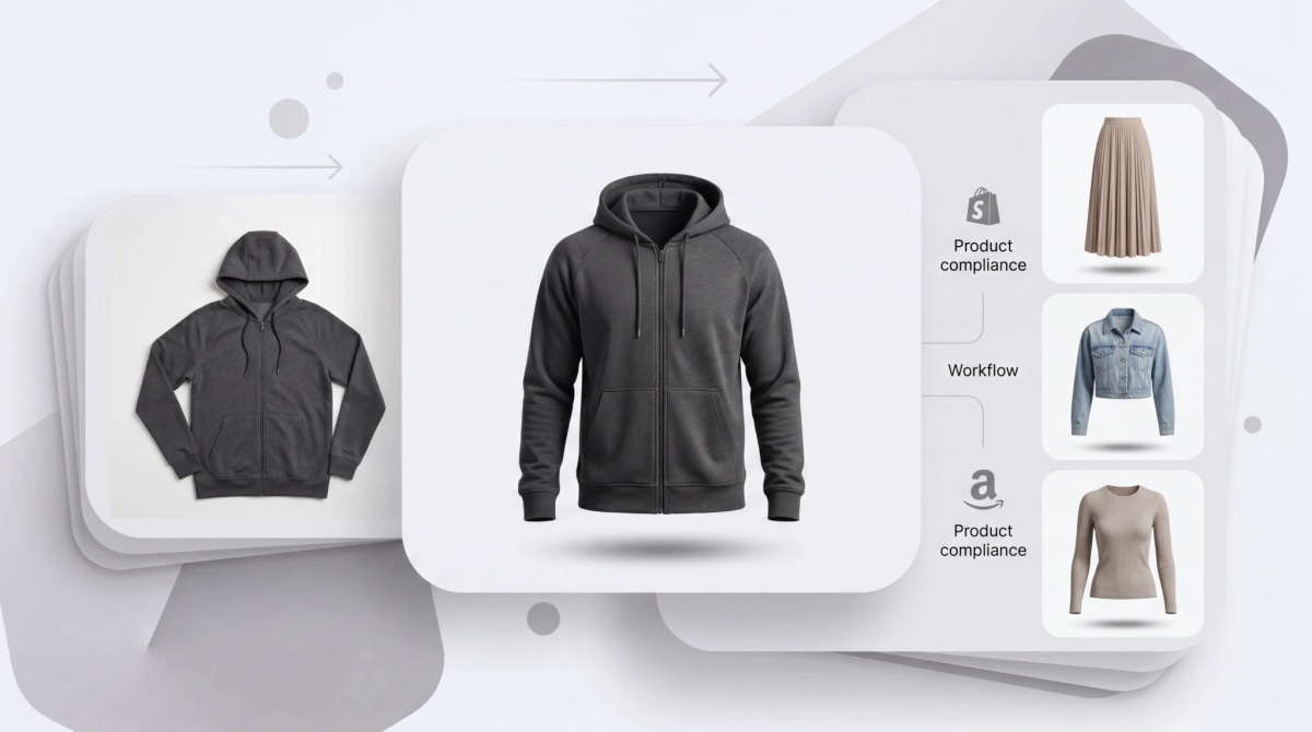 AI ghost mannequin batch processing workflow showing hoodie transformation with Shopify and Amazon product compliance integration
