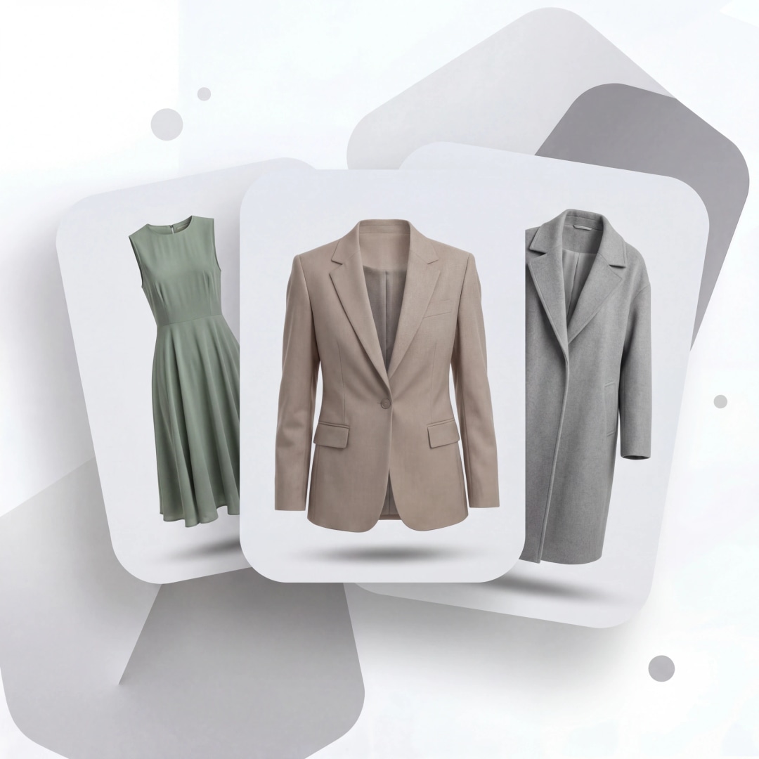 Ghost mannequin photography for every clothing type — green dress, beige blazer, and grey coat displayed as professional ecommerce product photos