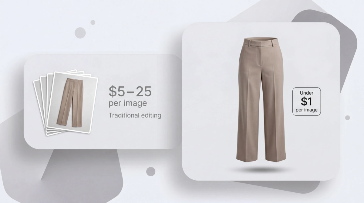 Traditional product photography at $5–25 per image vs AI ghost mannequin under $1 per image — 90% cost reduction comparison